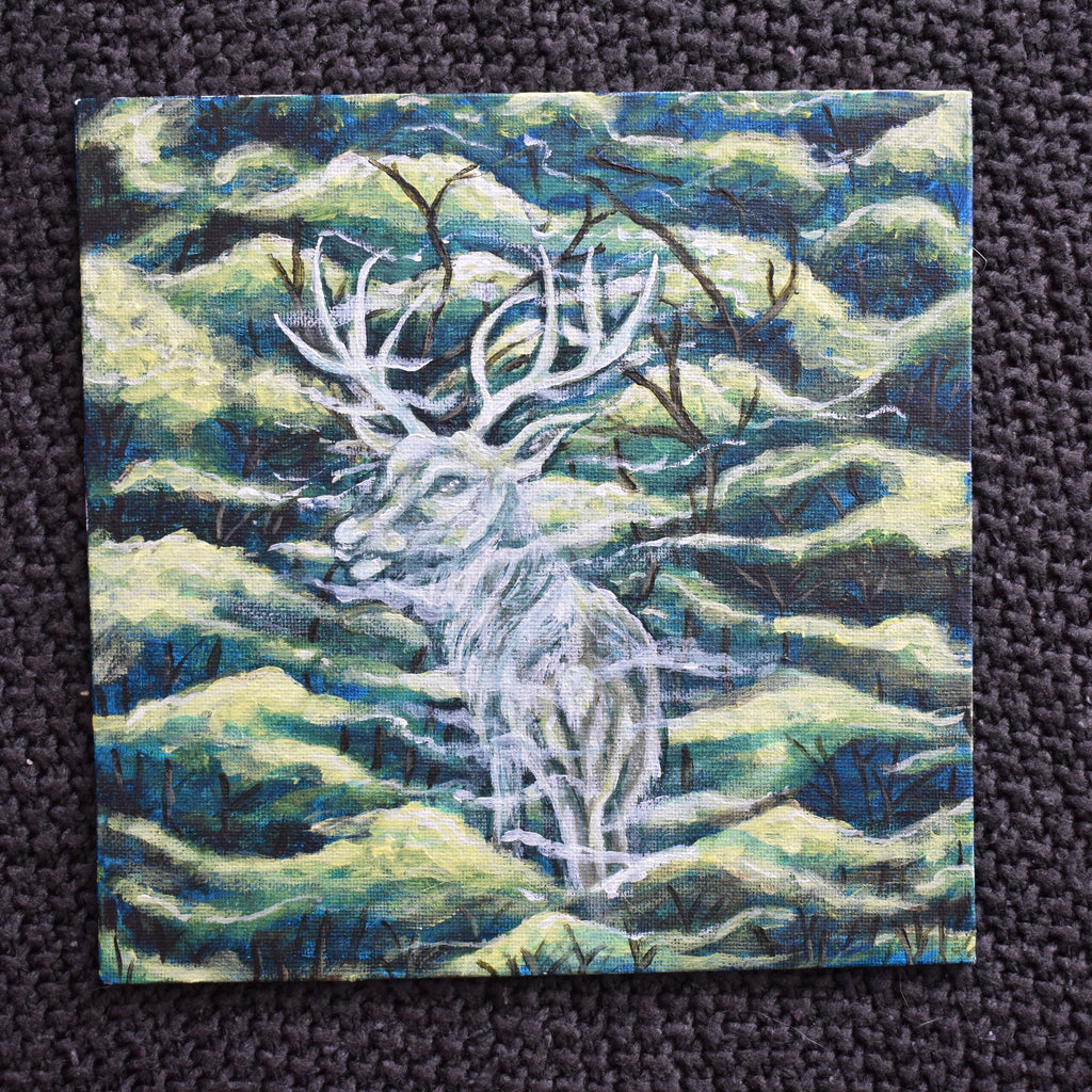 Artistic depiction of a deer skeleton on a textured green and blue background