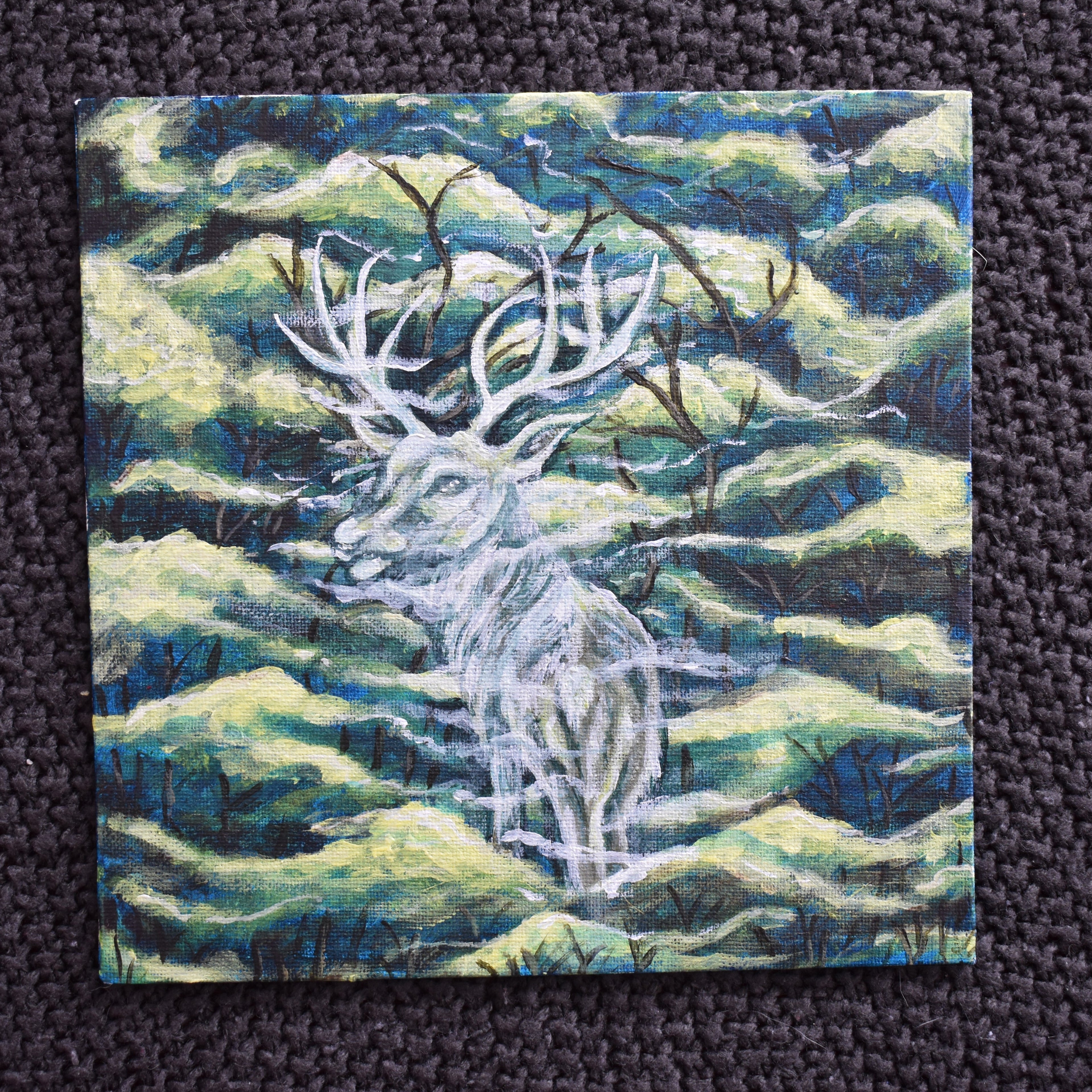 Artistic depiction of a deer skeleton on a textured green and blue background